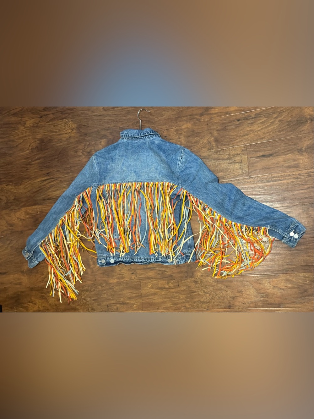 Scully Rainbow Fringe Denim Jean Jacket Boho Festival Country Western Sm *Read